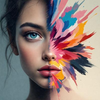 The primary subject of the image is a woman with blue eyes and a pink lip. She is the main focus of the image. The setting is a colorful background, which adds to the overall visual style. The image is a digital art or illustration, showcasing the woman's face with a vibrant and artistic touch. The colors and mood of the image are lively and energetic, with the woman's face being the center of attention.